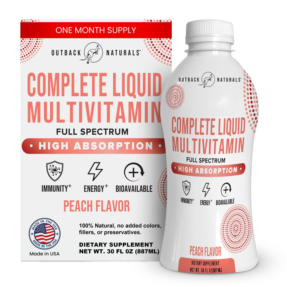 Outback Naturals Complete Liquid Multivitamin bottle shows high-absorption daily wellness.