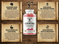 Outlaw Formulas Creatine Monohydrate Gummies pack open shows 120 gummies.