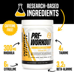Outwork Nutrition non-stim pre-workout bottle on a clean surface