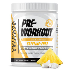Outwork Nutrition non-stim pre-workout powder being poured for a clean energy shake