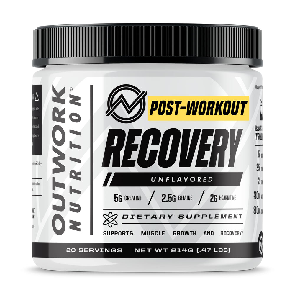 Outwork Nutrition post-workout recovery powder bottle for post-exercise recovery.