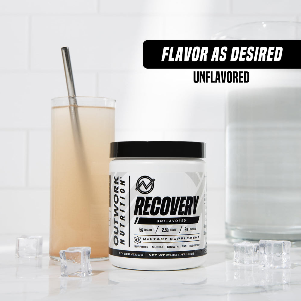 Outwork Nutrition post-workout recovery powder label highlighting ingredients.