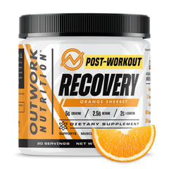 Outwork Nutrition post-workout recovery tub with orange sherbet flavor supports faster muscle recovery.