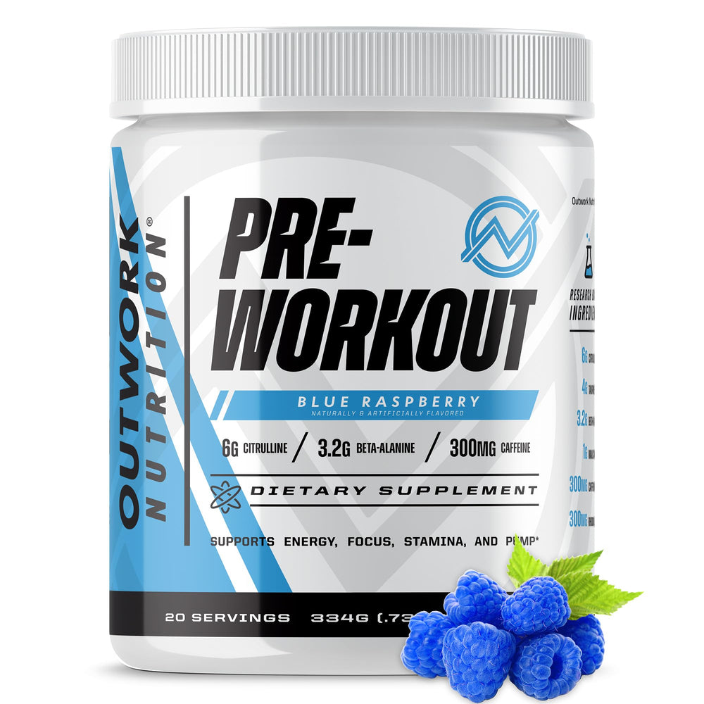Outwork Nutrition preworkout blue raspberry bottle highlights flavor and focus support