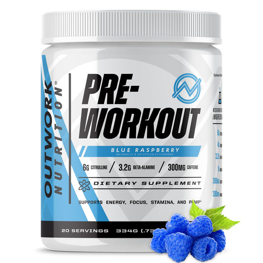 Outwork Nutrition preworkout blue raspberry bottle highlights flavor and focus support