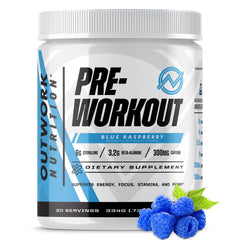Outwork Nutrition preworkout blue raspberry bottle highlights flavor and focus support