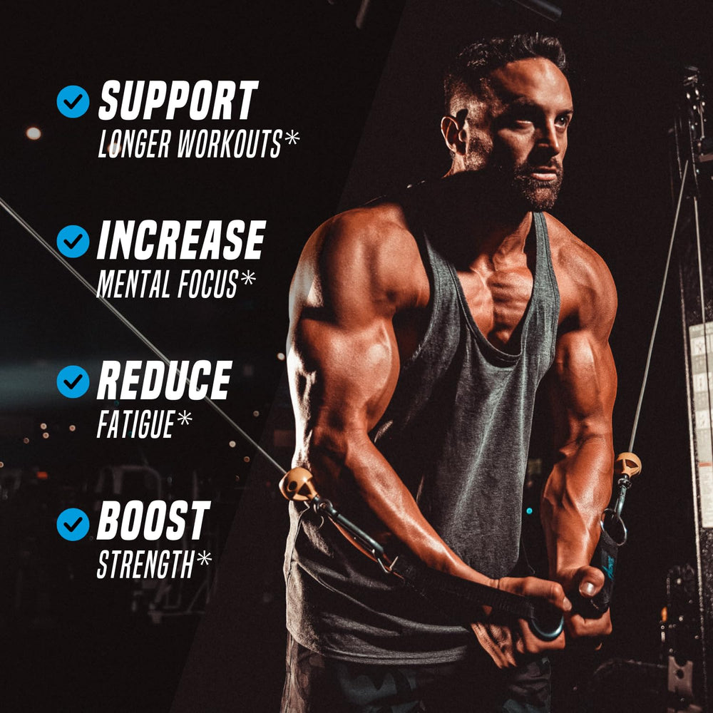 Outwork Nutrition preworkout powder beside a scoop suggests endurance and blood flow benefits
