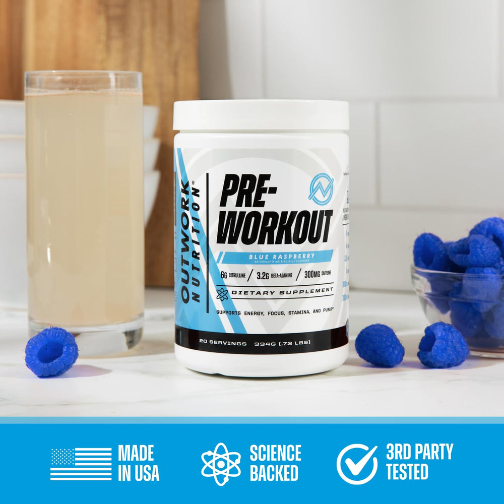 Outwork Nutrition preworkout tub and label emphasize lab-tested quality