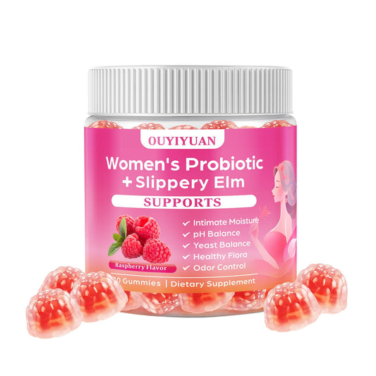 OUYIYUA women's probiotic gummies raspberry flavor on bottle front, sugar-free and vegan benefits