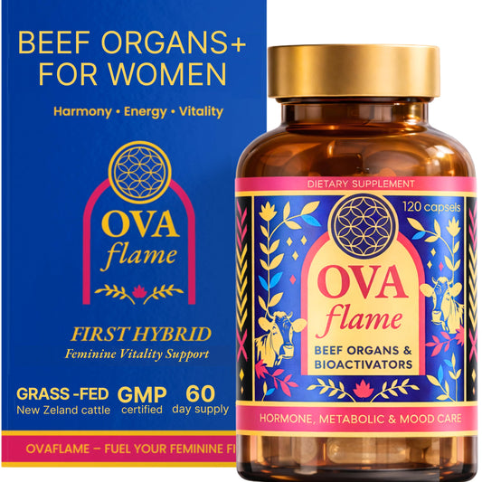 OVA flame beef organs women bottle with capsules for daily balance and energy.