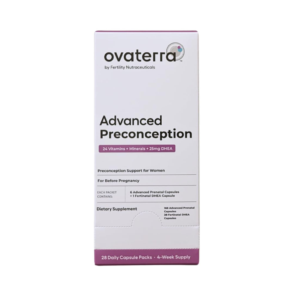 Ovaterra Advanced Preconception bottle closeup showing nutrient labels for early pregnancy support