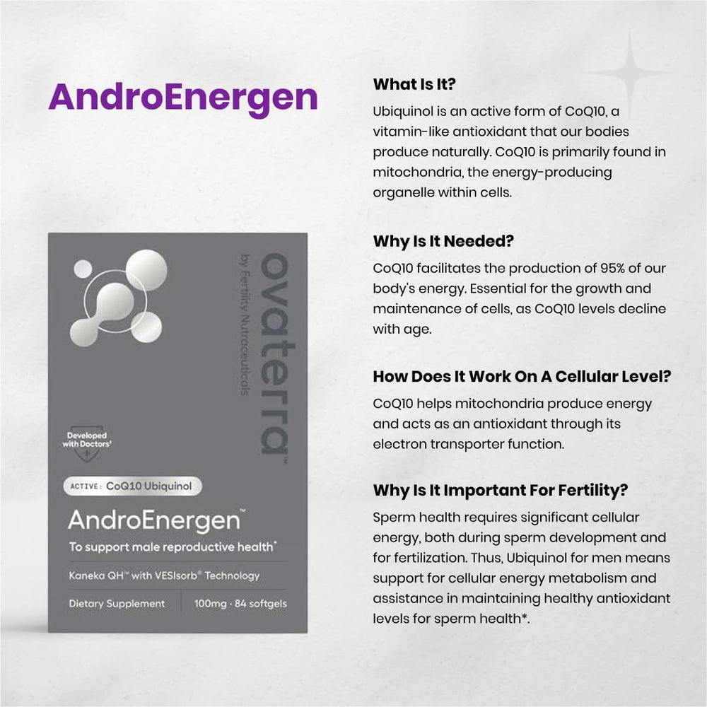 AndroEnergen packaging with clear dosage guidance for three softgels daily.