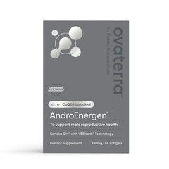 Ovaterra AndroEnergen CoQ10 softgel bottle highlighting absorption technology for better uptake.