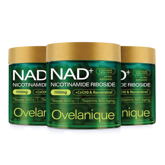Ovelanique NAD bottle closeup showing 1100mg complex for daily energy support