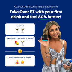 Over EZ pills in blister pack for convenient post-party recovery on the go.