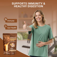 OVIA mushroom coffee cup steaming, emphasizing smooth taste and steady focus