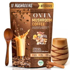 OVIA Natural 10 Mushroom Coffee pouch steaming with rich aroma for daily focus