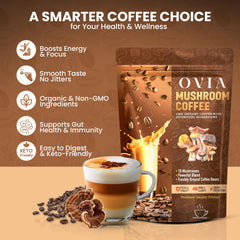 OVIA ten-mushroom blend ingredients label highlights immune and metabolism benefits