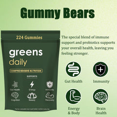 oviaapo Greens Gummies ingredients panel highlighting 60 nutrient-dense components for balanced nutrition