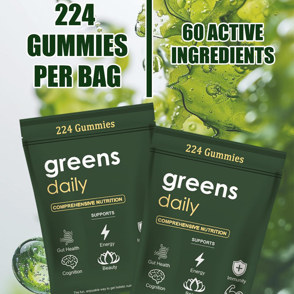 oviaapo Greens Gummies packaging emphasizes gluten-free, nut-free, and dairy-free qualities