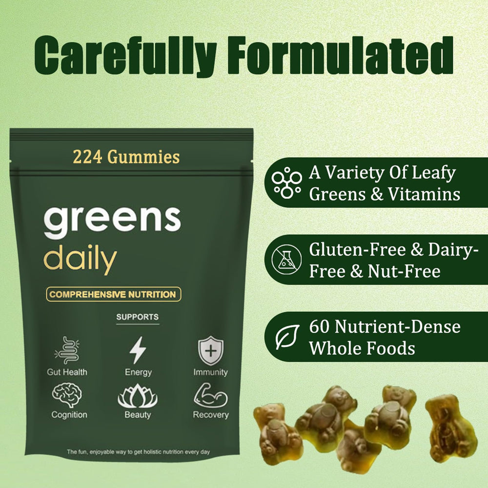 oviaapo Greens Gummies daily dosage panel indicates 8 gummies per day for routine use