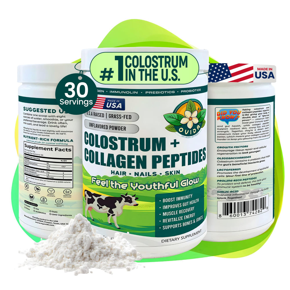 OVIDA premium bovine colostrum and collagen powder bottle for easy daily wellness.