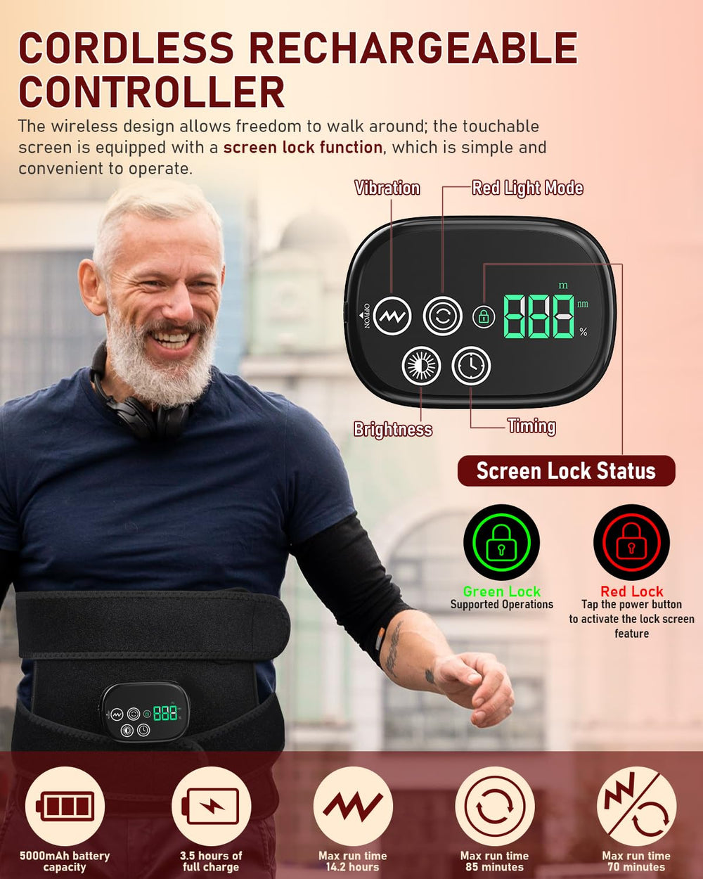 OVIMAZ cordless 5000mAh battery enables wireless sessions.