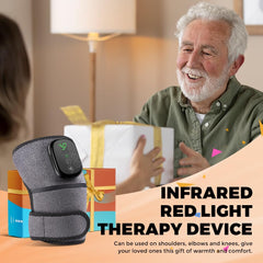 Wearable OVIMAZ gray knee massager in action with soft strap for comfort.