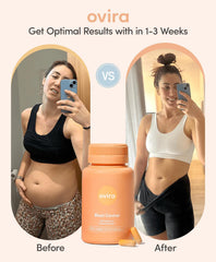 Ovira Bloat Control ingredient panel shows Gentian and Chamomile benefits.