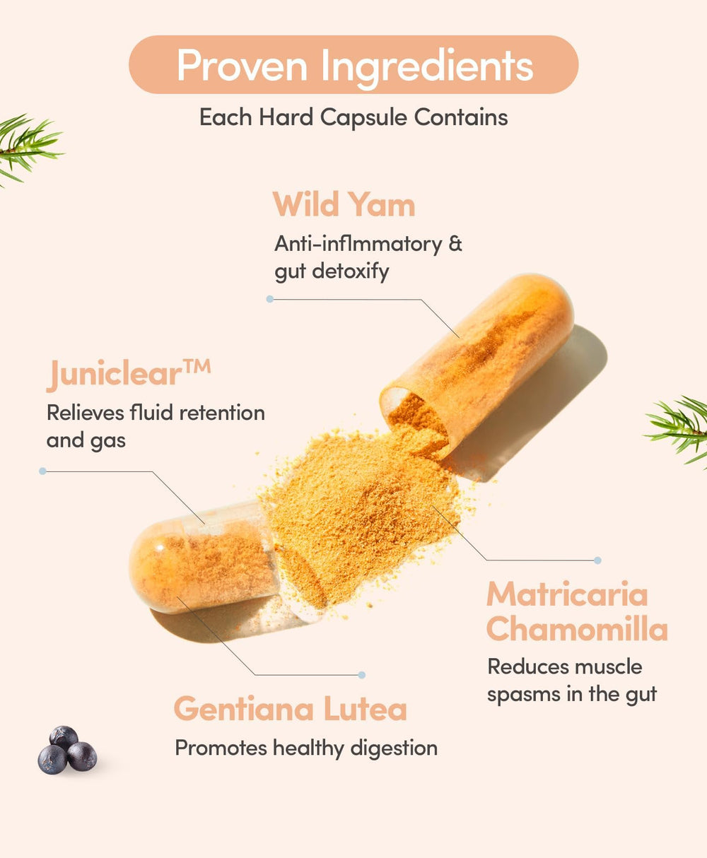 Ovira Bloat Control packaging highlights Juniclear and vegan ingredients.