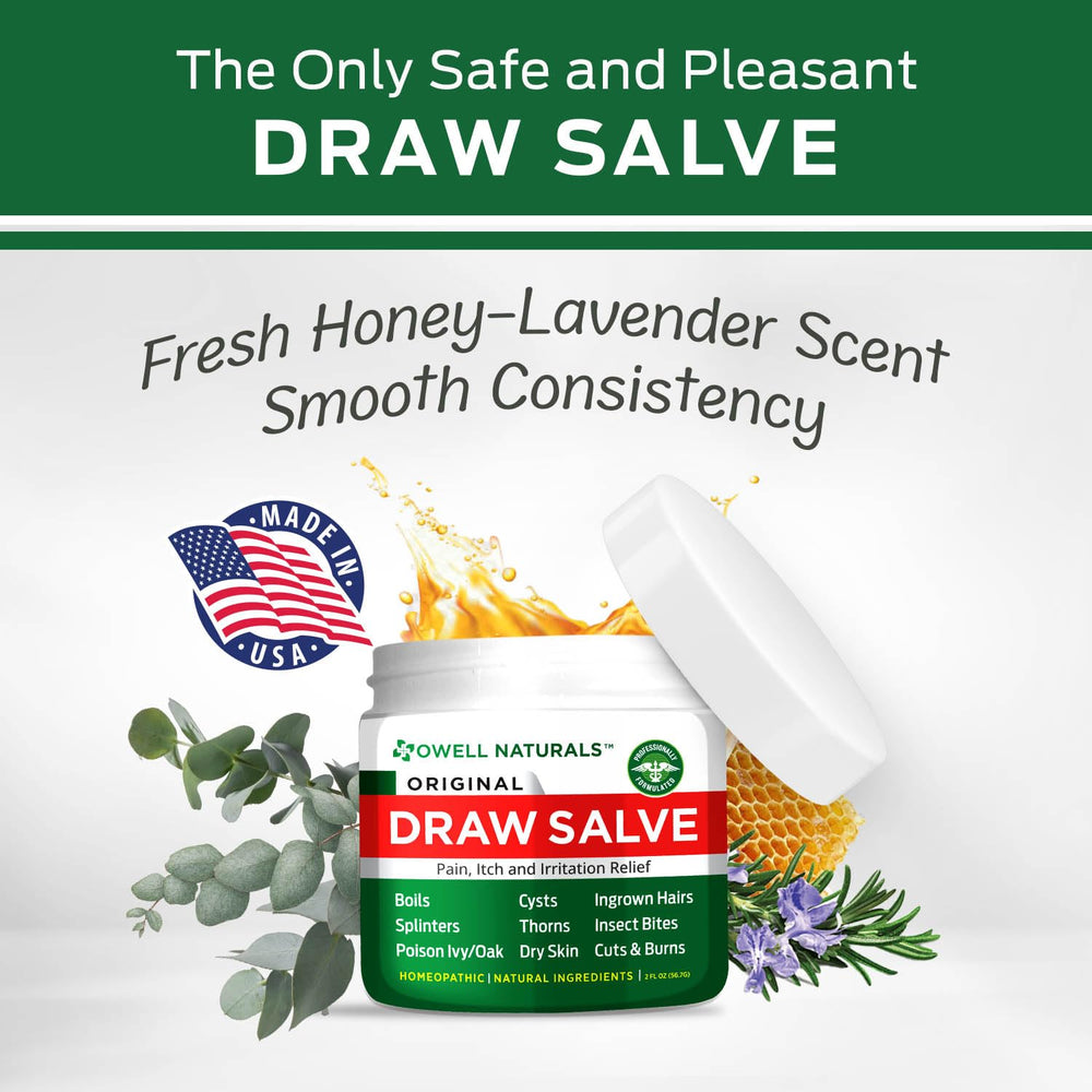 Owell Naturals Drawing Salve application on skin for soothing care.