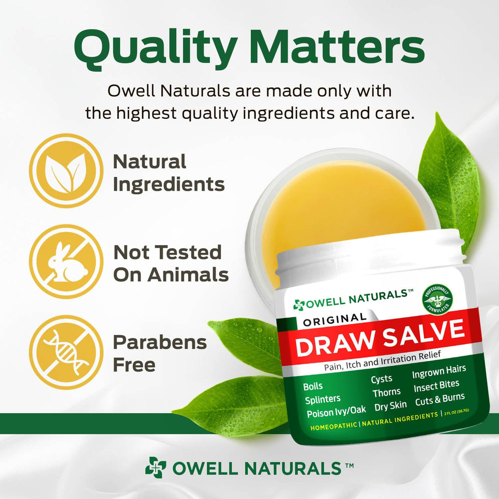 Owell Naturals Drawing Salve 3 pack packaging shown with branding and USA-made claim