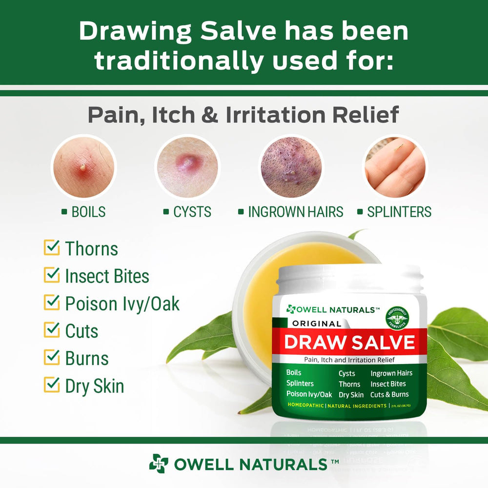 Owell Naturals Drawing Salve tube application on skin for splinters or boils relief