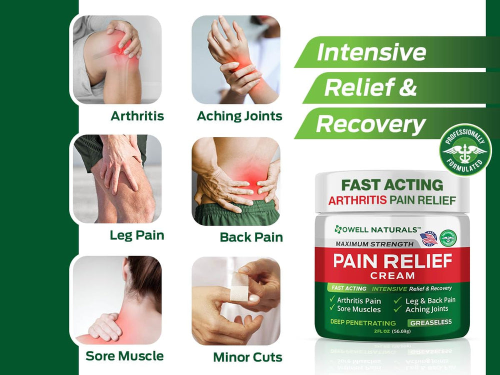 Owell Naturals pain relief cream applied to back for targeted comfort and support.
