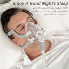 OWILIWO Comfort Series full-face CPAP mask headgear and elbow view for quick fit adjustments.