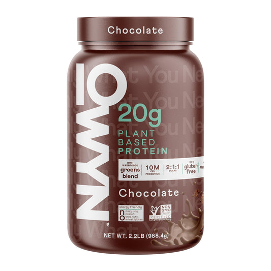 OWYN chocolate protein powder bag showing dairy-free plant protein for daily shakes.
