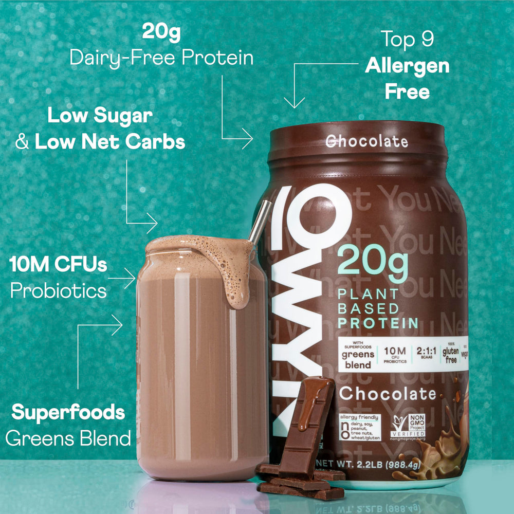 OWYN chocolate protein powder shaker demonstrating convenient on-the-go nutrition.