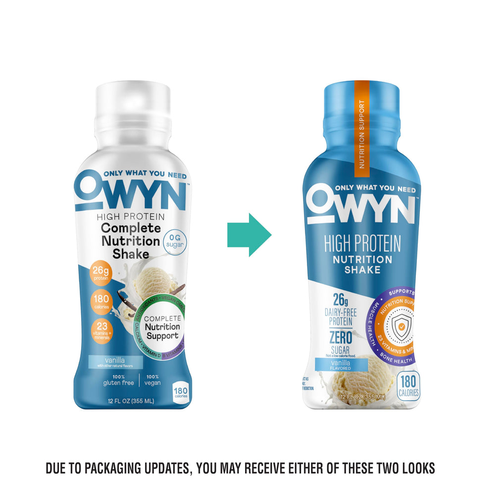 OWYN ingredients show peas, pumpkin seeds, and flax oil for plant protein.