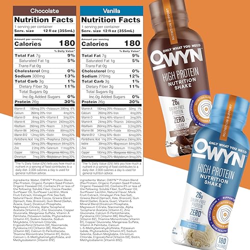 OWYN high-protein vanilla shake bottle, dairy-free nutrition for busy days.