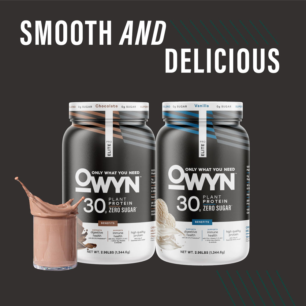 OWYN Pro Elite Chocolate ingredients panel showcases gluten-free, dairy-free formula.