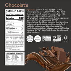 OWYN Pro Elite Chocolate packaging highlights vegan, non-GMO, sugar-free formula.