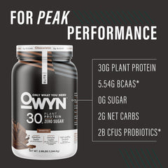 OWYN Pro Elite Chocolate powder-dispense highlights 32g protein per serving.