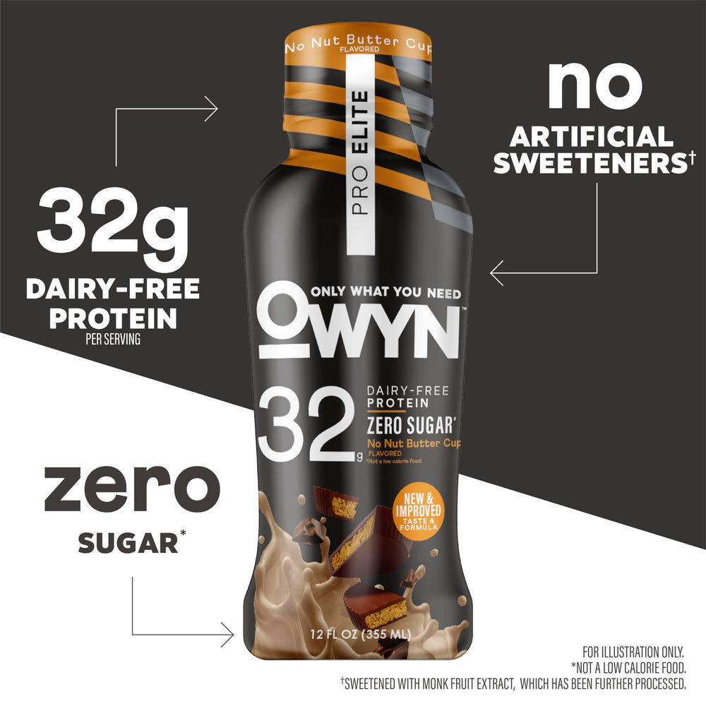 OWYN Pro Elite No Nut Buttercup glass highlights creamy texture ideal for post-workout refuel.