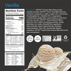 OWYN Pro Elite Vanilla 2.9lb packaging displayed on a kitchen countertop.
