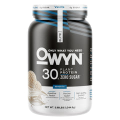 OWYN Pro Elite Vanilla protein powder tub front showing 30g plant protein per serving.