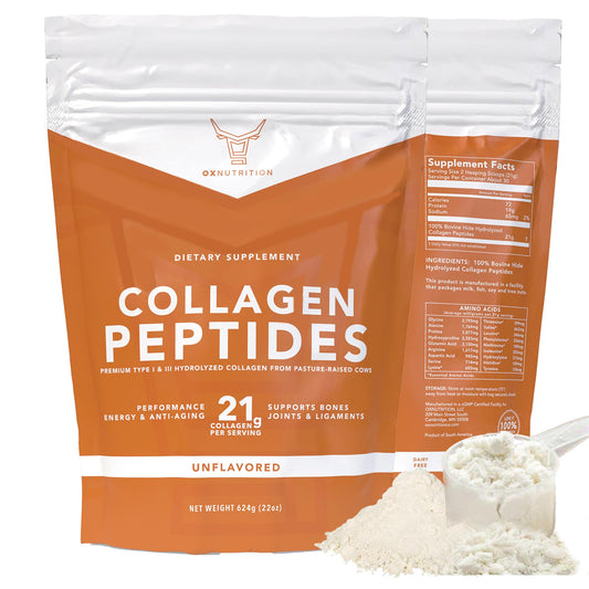 OX Collagen powder tub front displays flavorless formula for daily use
