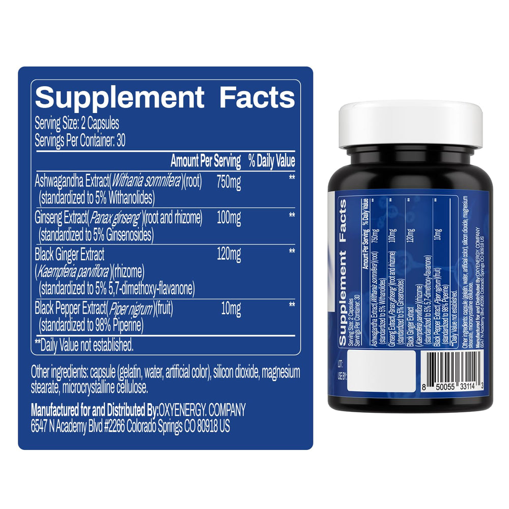 OxyEnergy Ashwagandha capsules closeup showing practical daily use.