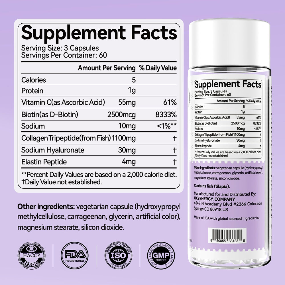 OxyEnergy Collagen Pills close-up shows 1100mg tri-peptides.