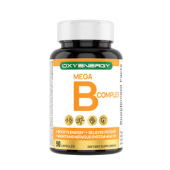OxyEnergy B Complex capsules displayed for steady daytime energy.