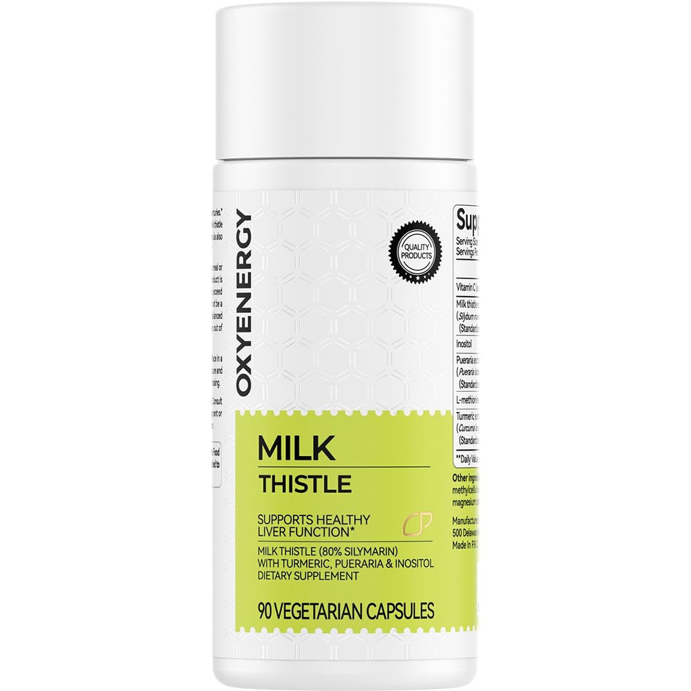 OxyEnergy milk thistle capsules showing 300mg extract for antioxidant support